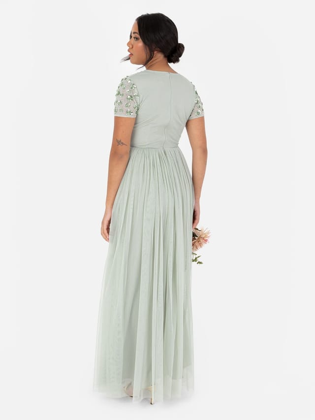 Maya Deluxe Maya Deluxe Women's Floral Embellished Short Sleeve Maxi Dress in Mint - 3