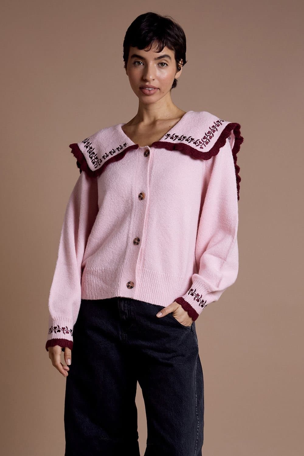 Neon Rose Neon Rose Women's Sailor Collar Floral Embroidered Cardigan in Pink