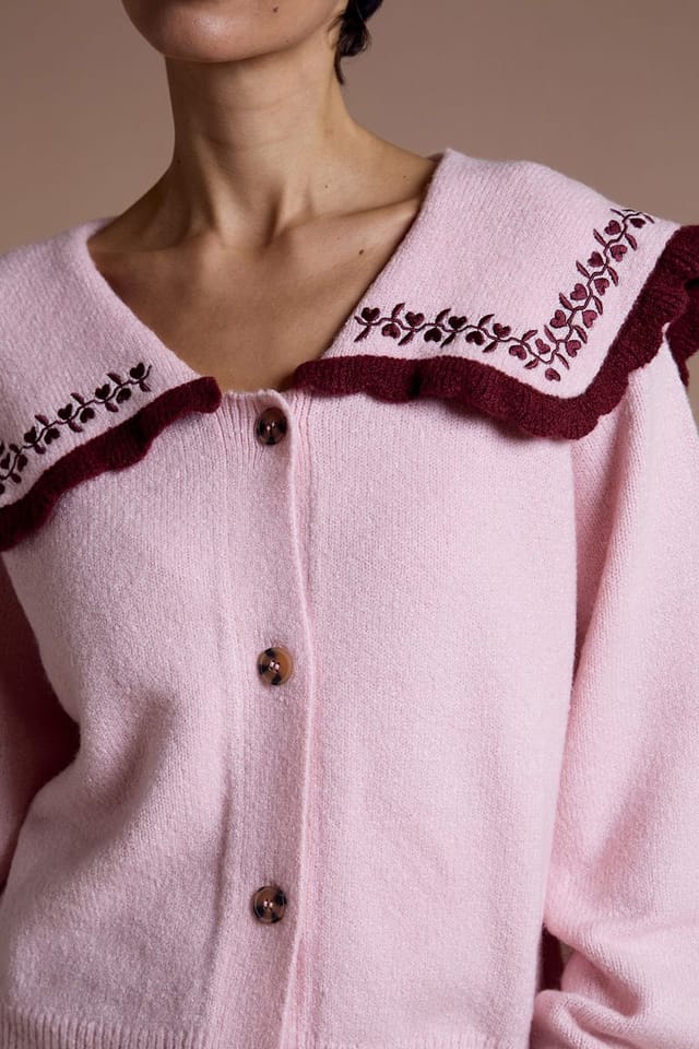 Neon Rose Neon Rose Women's Sailor Collar Floral Embroidered Cardigan in Pink - 3