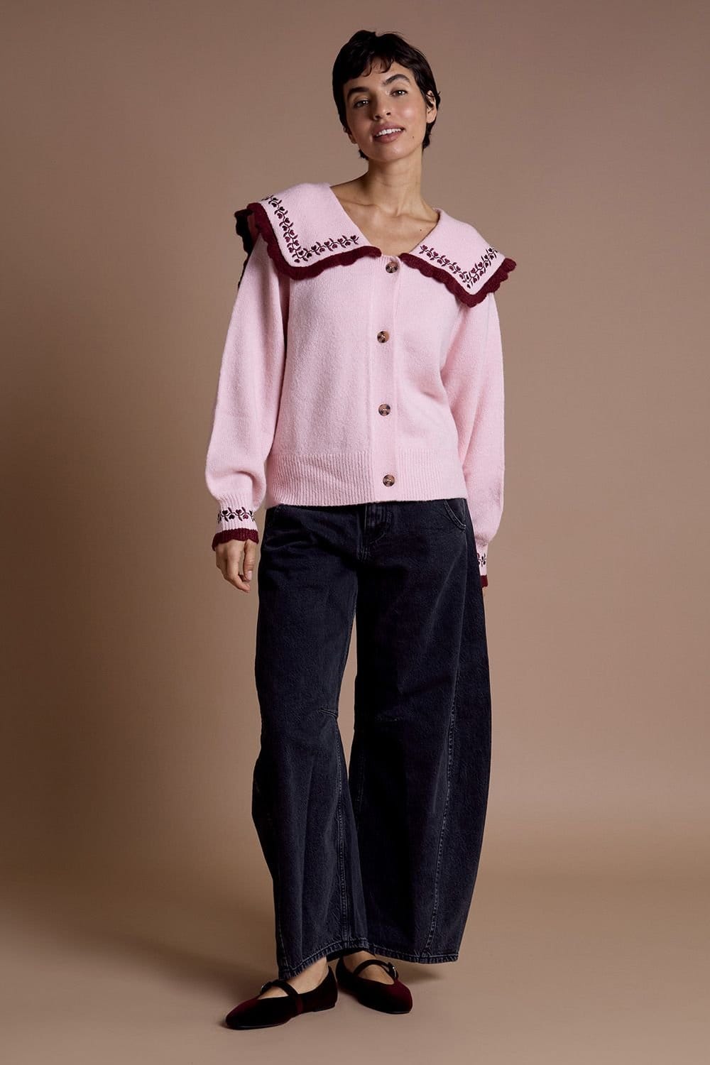 Neon Rose Neon Rose Women's Sailor Collar Floral Embroidered Cardigan in Pink - 4