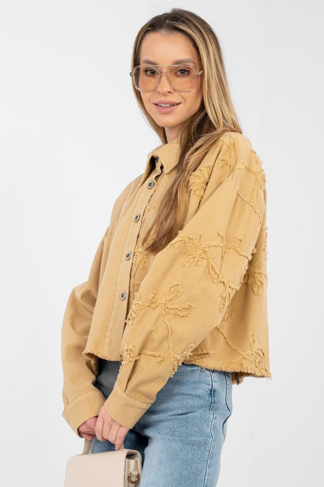 Love Lace Love Lace Women's Embroidered Flower Fray Denim Jacket in Mustard