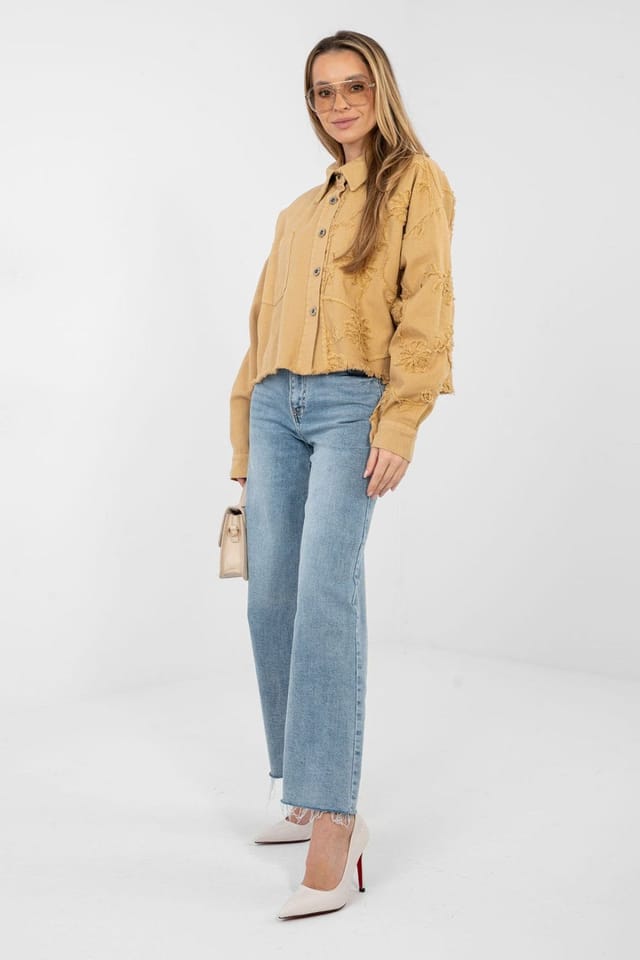 Love Lace Love Lace Women's Embroidered Flower Fray Denim Jacket in Mustard - 2