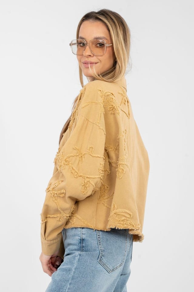 Love Lace Love Lace Women's Embroidered Flower Fray Denim Jacket in Mustard - 3