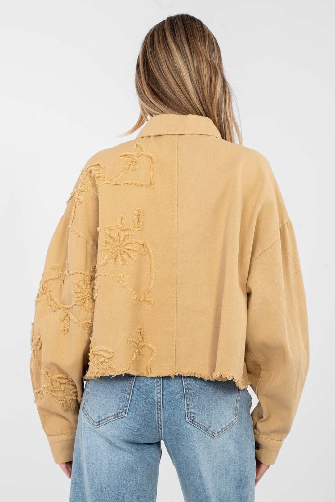 Love Lace Love Lace Women's Embroidered Flower Fray Denim Jacket in Mustard - 4