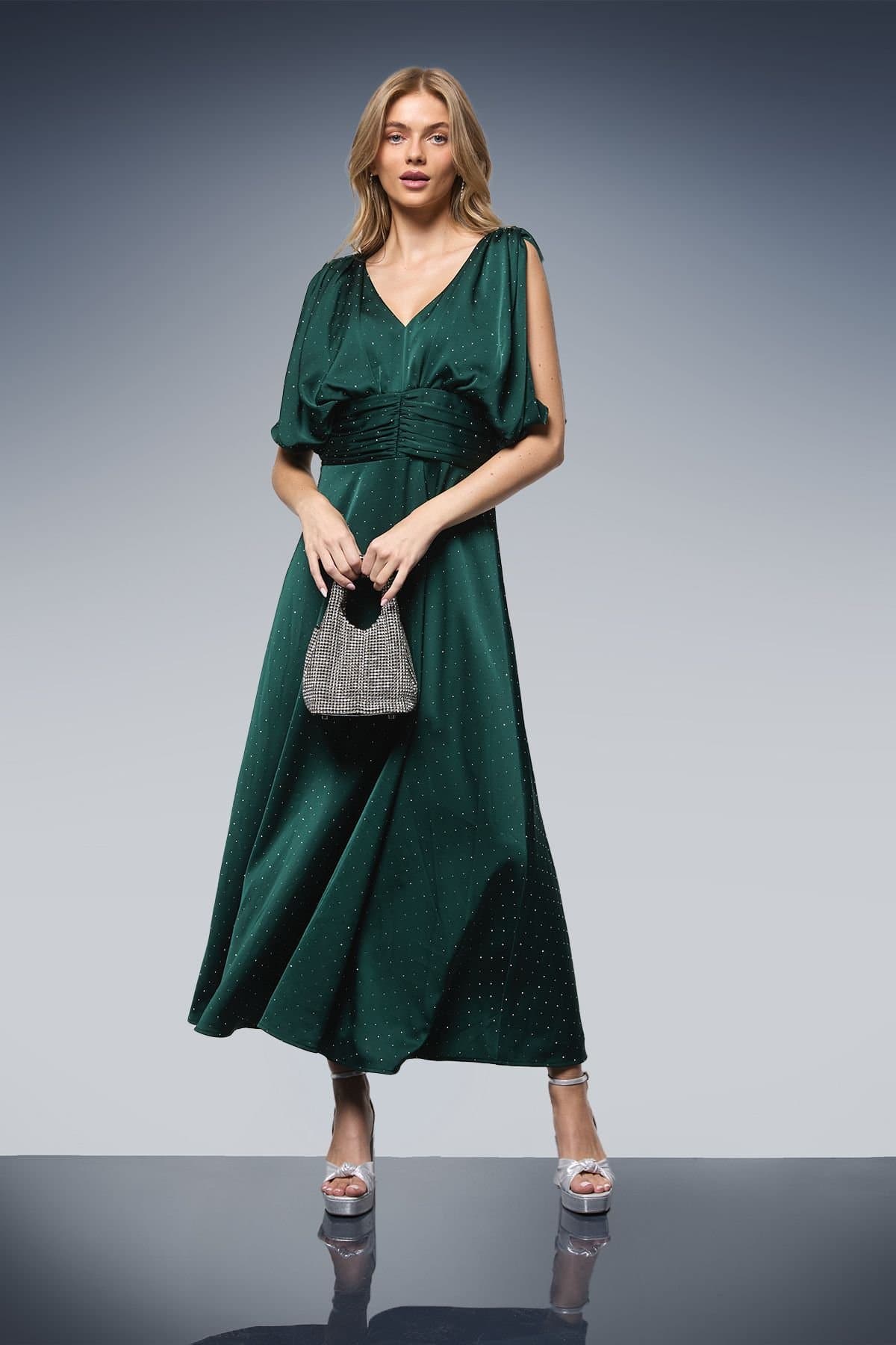 Oasis Oasis Women's Hotfix Detail Ruched Bodice V Neck Midi Dress in Forest