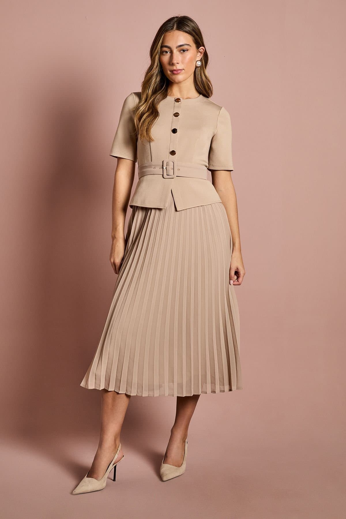 Coast Coast Women's Bandage Pleat Skirt Midi Dress in Beige