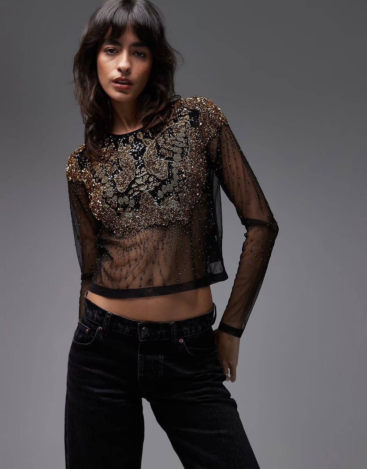 ASOS Allsaints greta embellished top in black and gold - 1