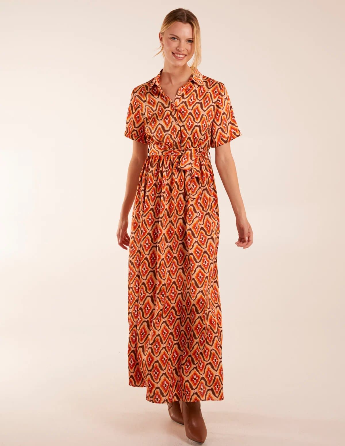 Blue Vanilla Geometric Belted Maxi Shirt Dress