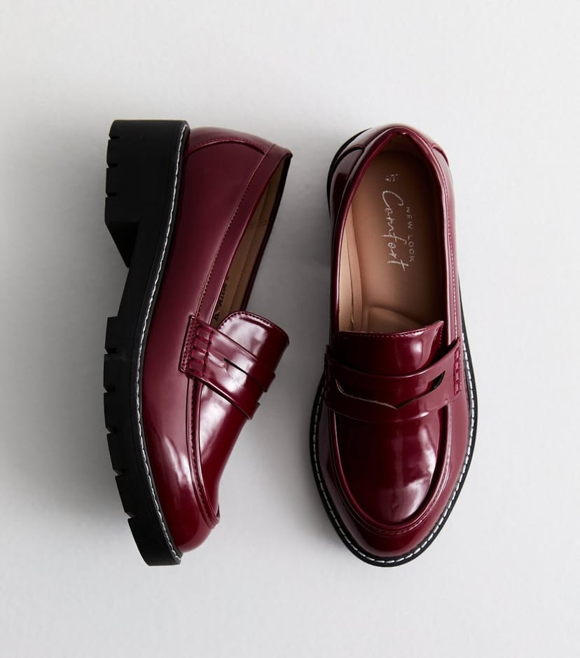 New Look Women's Burgundy Patent Faux Leather Chunky Loafers New Look - 1