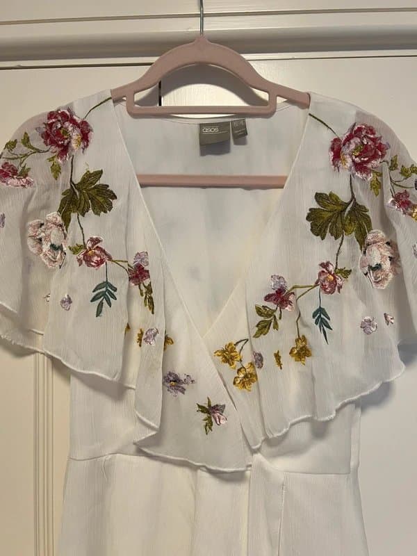 ASOS White floaty floral embroidered ruffle midi dress size 8 Asos