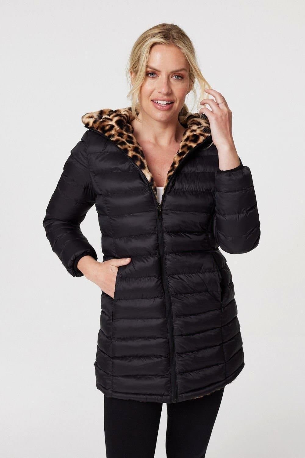 Izabel London Izabel London Women's Reversible Leopard Faux Fur Puffer in Black