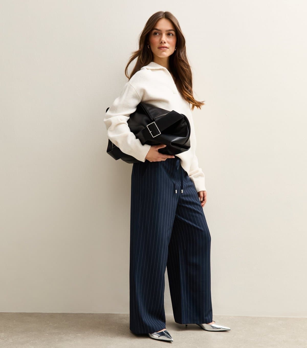 New Look Women's Petite Navy Striped Tie Waist Wide Leg Trouser New Look