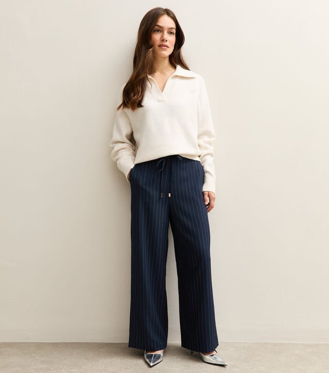 New Look Women's Petite Navy Striped Tie Waist Wide Leg Trouser New Look - 3