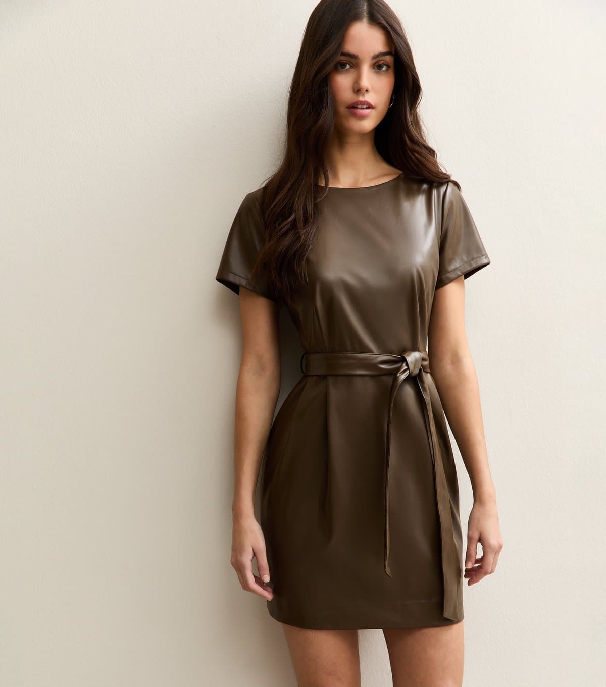 New Look Women's Light Khaki Faux Leather Belted Mini Dress New Look