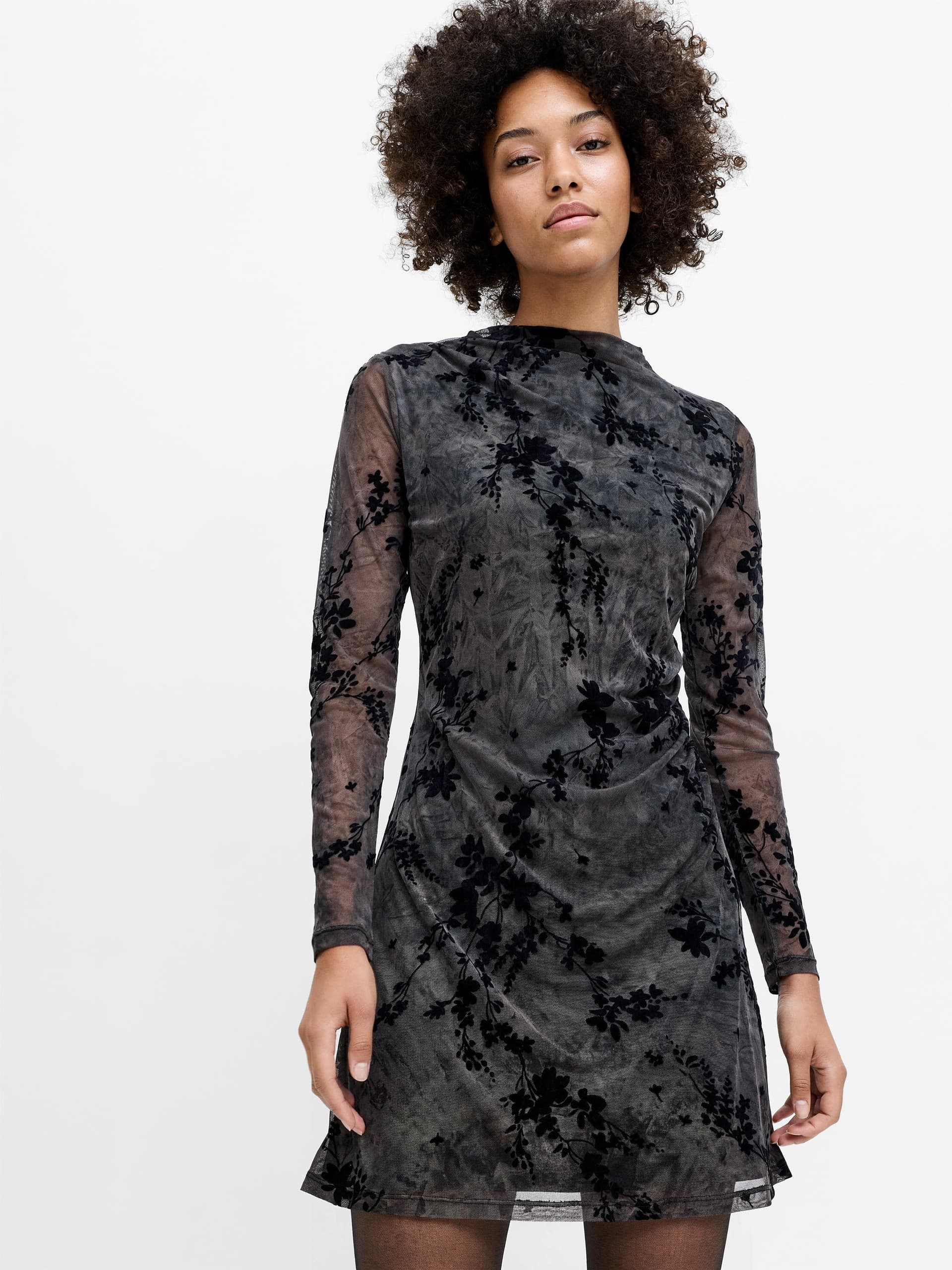 French Connection Kenny Floral Velvet Devore Mesh Mini Dress Black/Brown