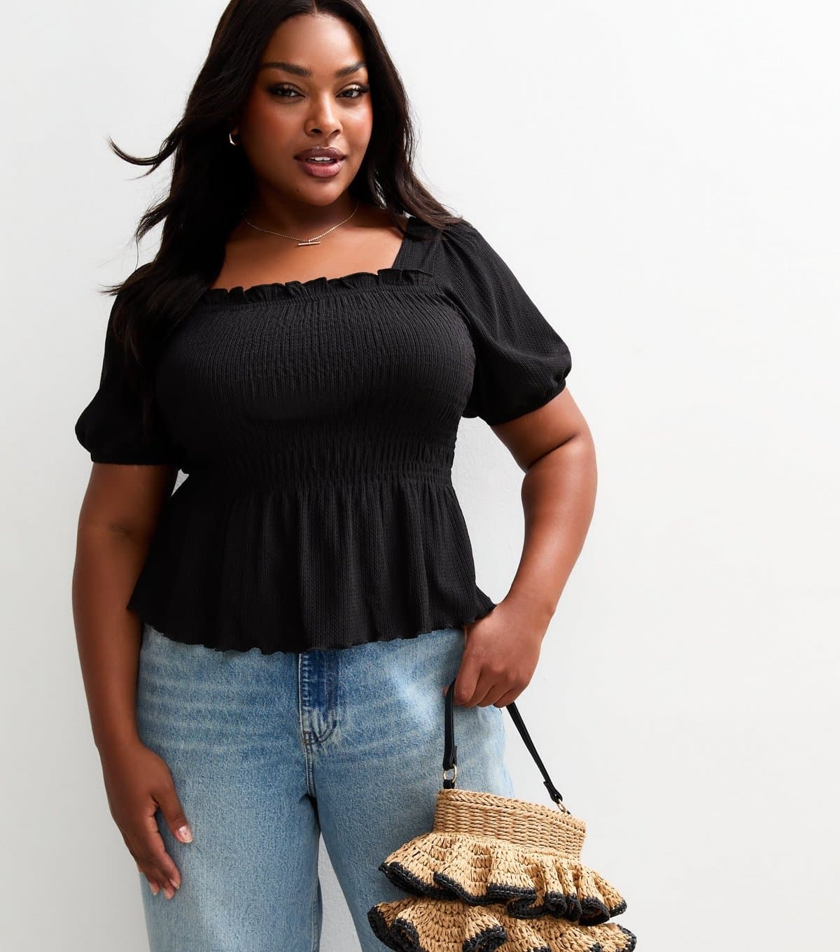 New Look Women's Plus Size Black Shirred Puff Sleeve Top Curves New Look