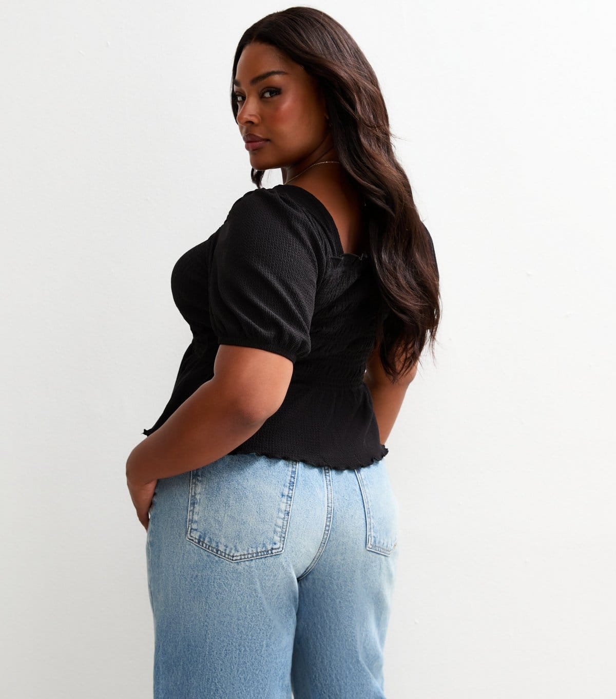 New Look Women's Plus Size Black Shirred Puff Sleeve Top Curves New Look - 4