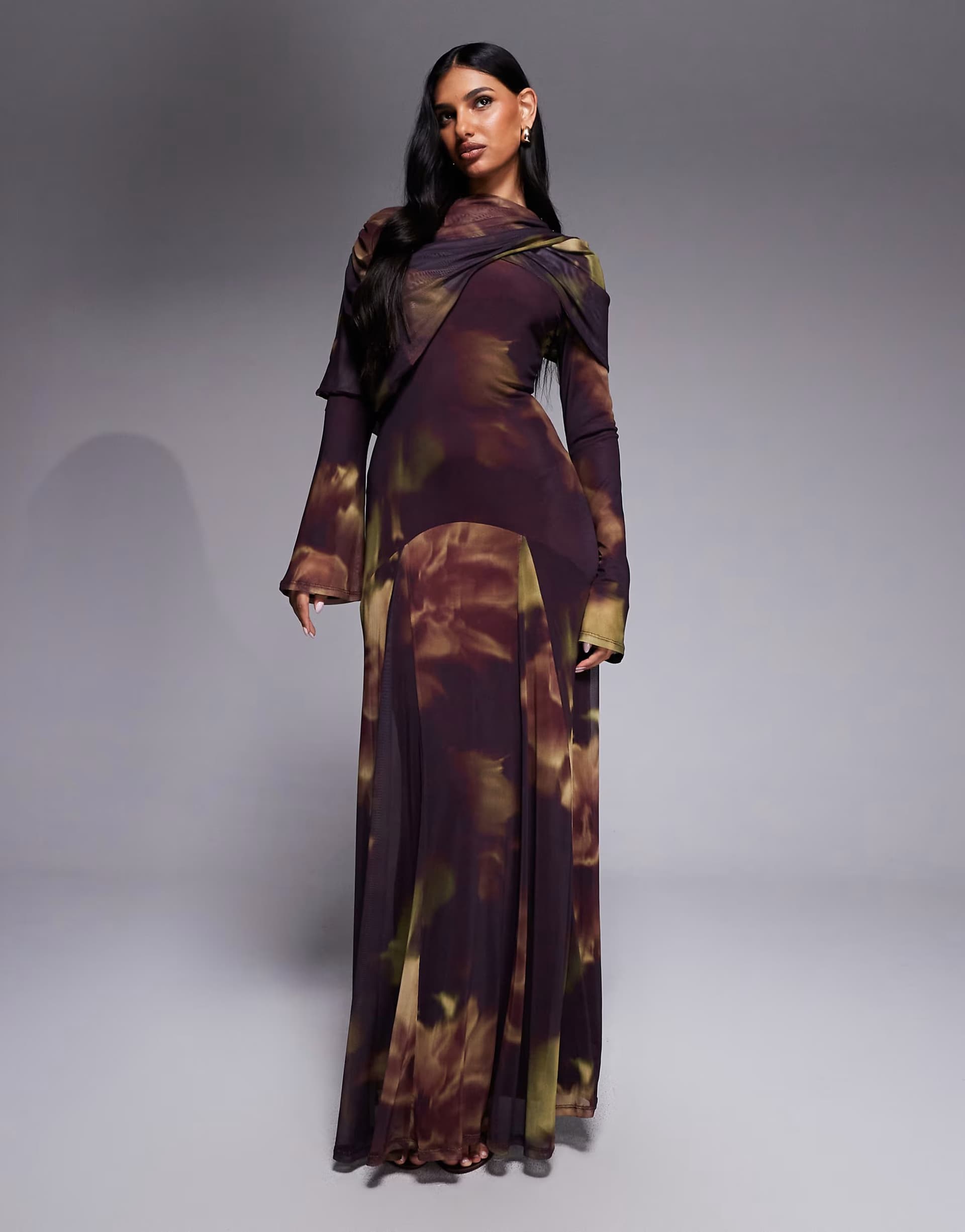 ASOS ASOS DESIGN mesh maxi dress with overlay draped neckline in blurred floral print
