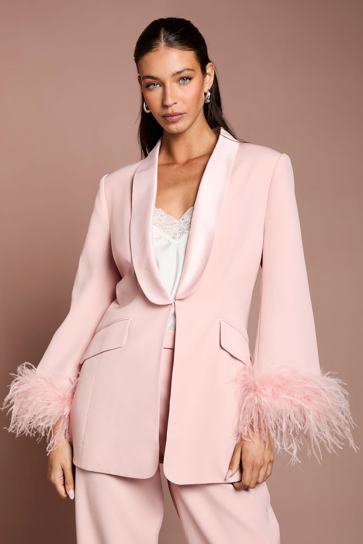 Coast Blush Satin Feather Trim Tux Blazer