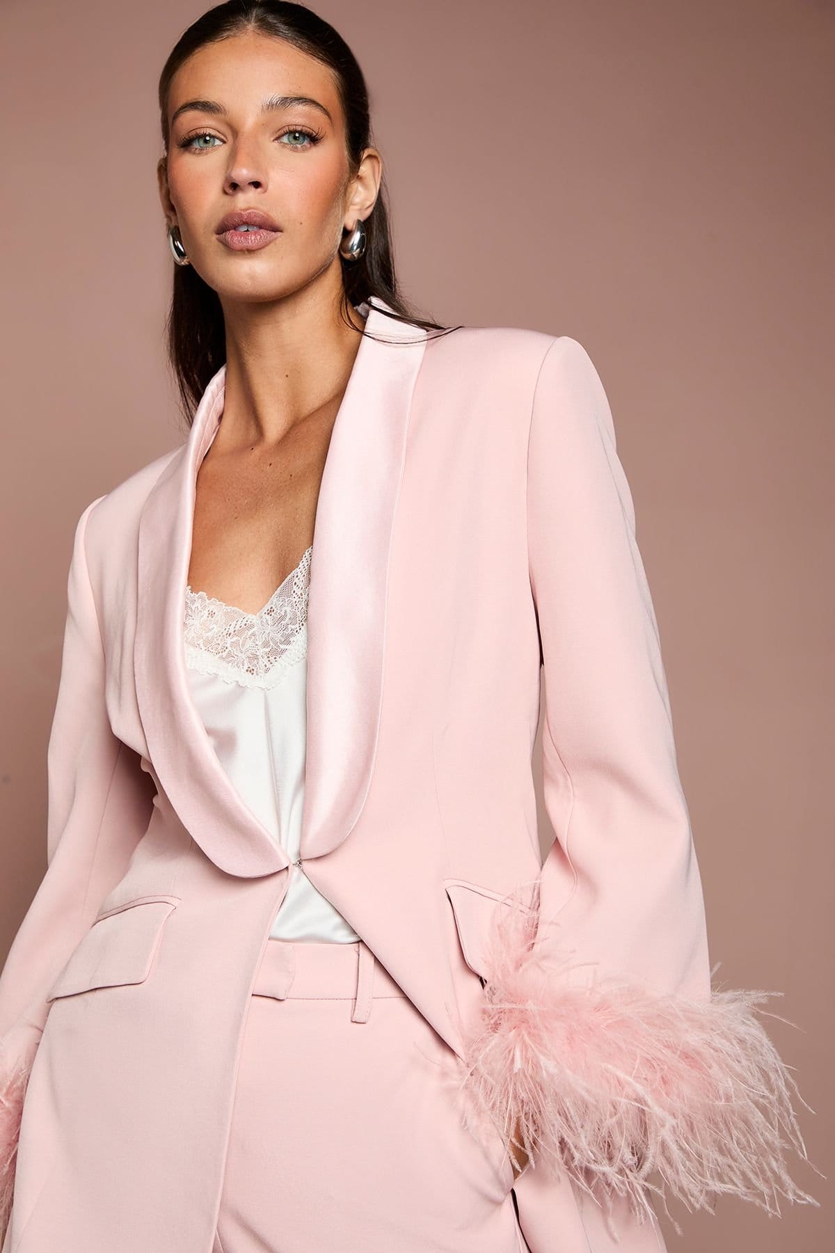 Coast Coast Women's Feather Trim Single Breasted Tux Style Blazer in Blush - 4
