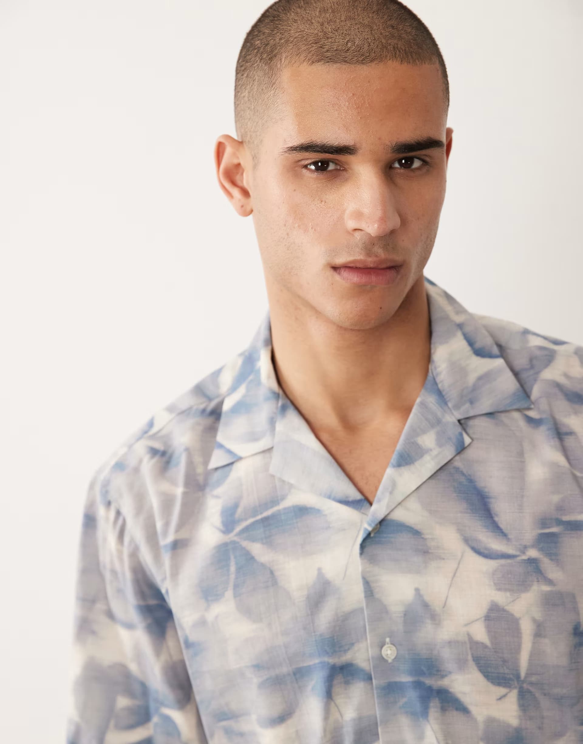 ASOS Selected short sleeve shirt with leave print in blue