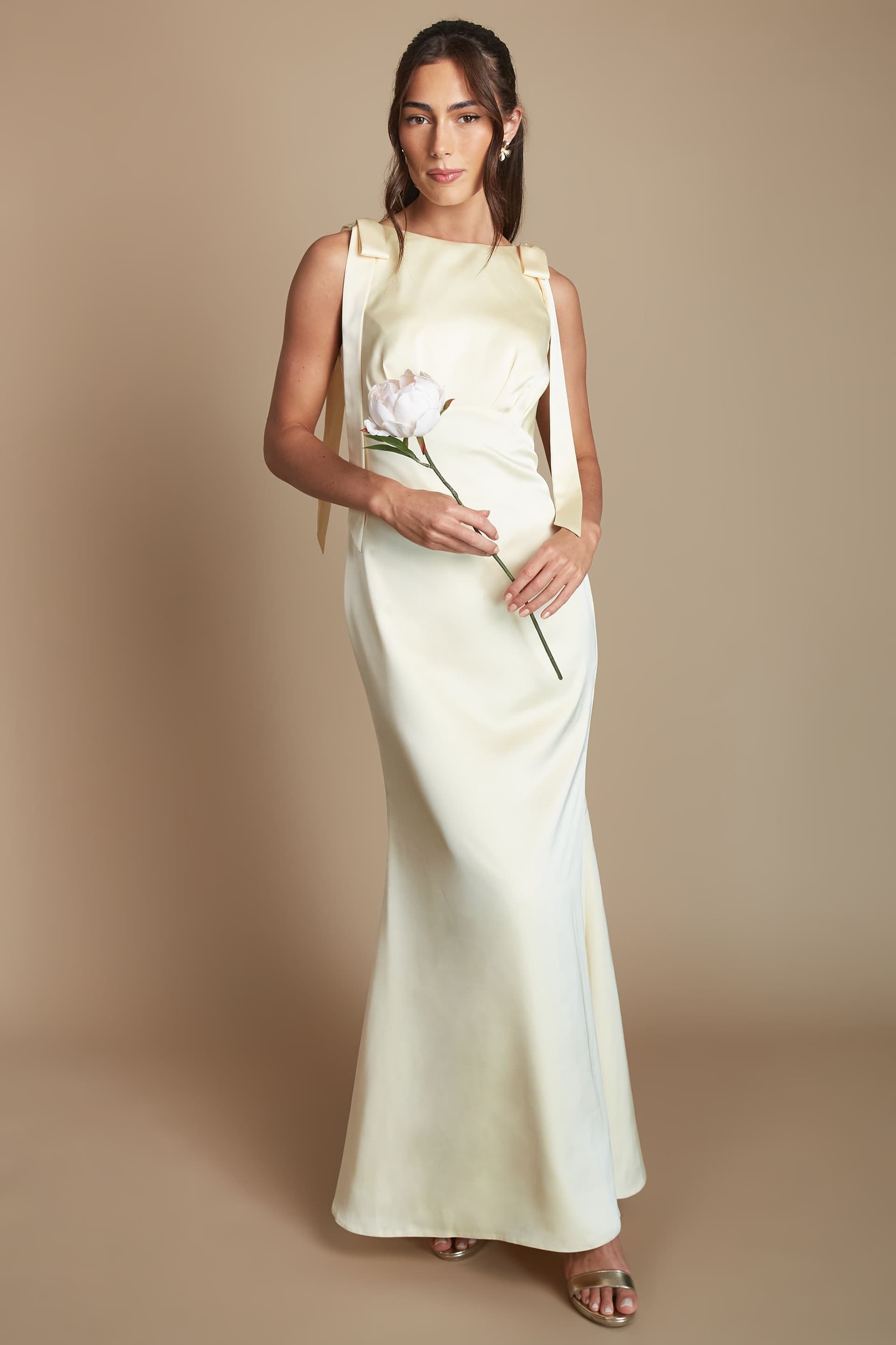 Coast Coast Women's Honoured Sleeveless High Neck Tie Shoulder Satin Maxi Bridesmaid Dress in Lemon