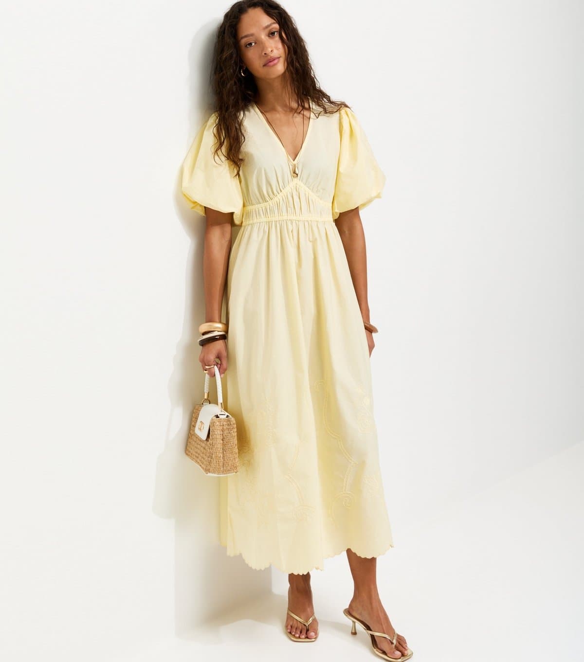 New Look Women's Light Yellow Cotton Puff Sleeve Midi Dress New Look