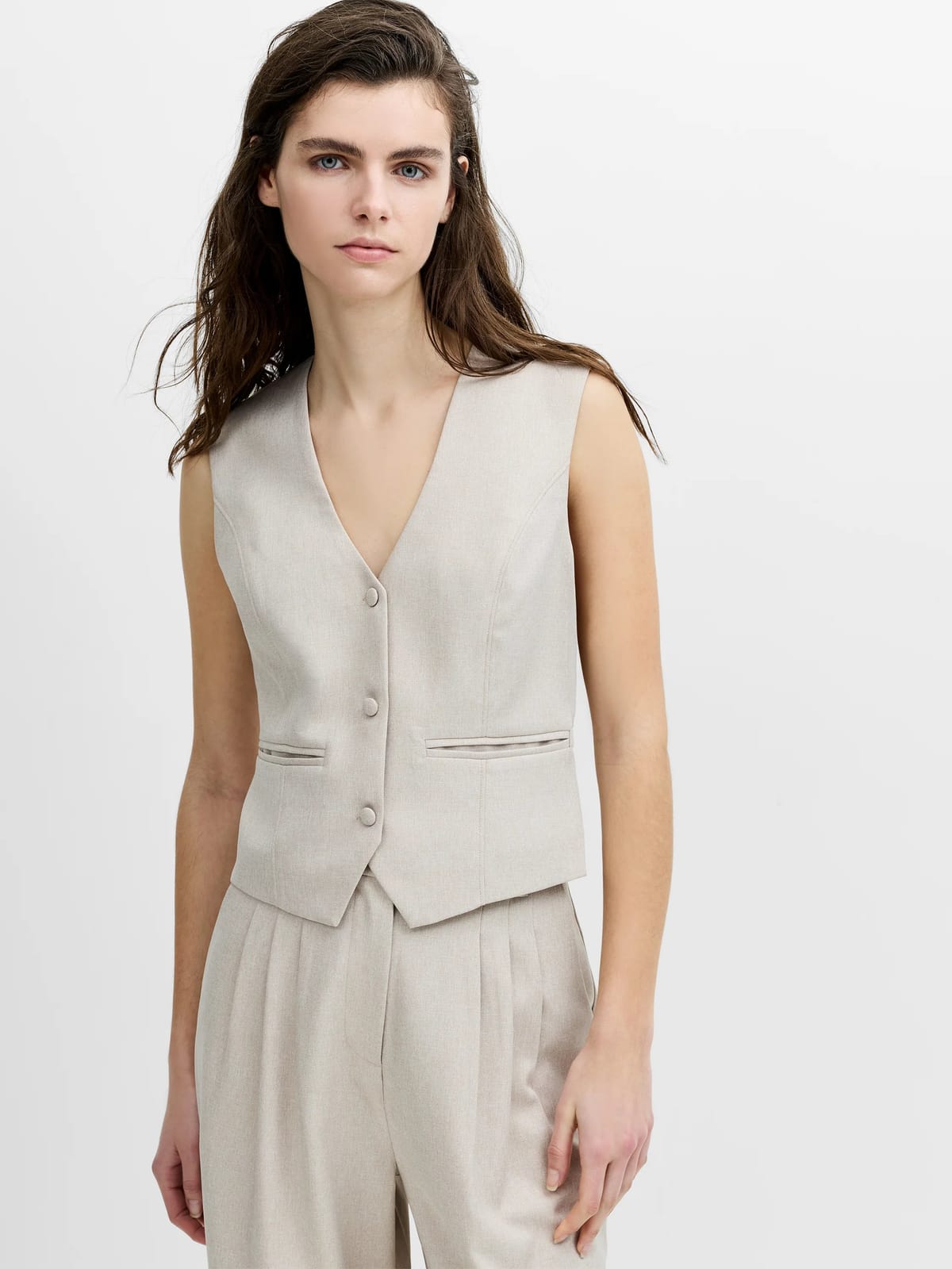 French Connection Misha Tailored Beige Fitted Waistcoat Stone Neutral - 1