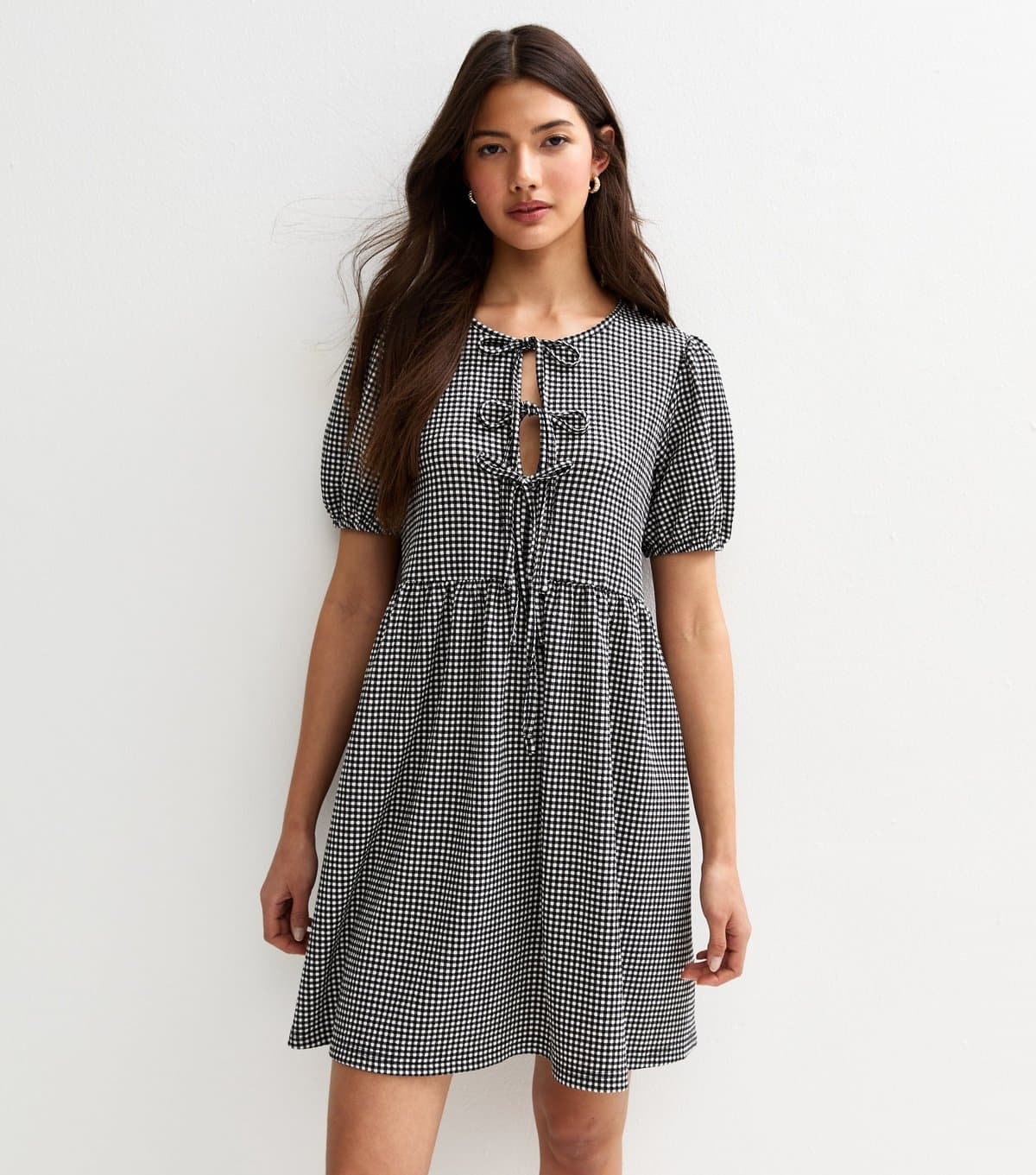 New Look Women's Black Gingham Check Tie Front Mini Dress New Look