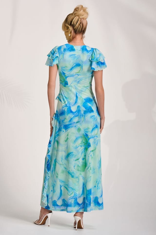 Jolie Moi Jolie Moi Women's Cap Sleeve Ruffle Mesh Maxi Dress in Blue - 2