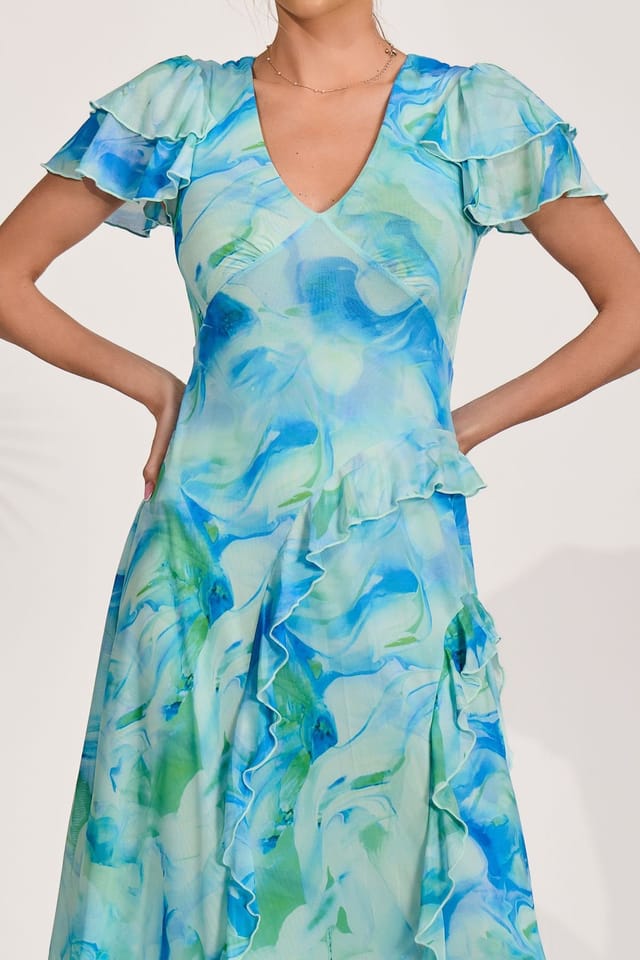 Jolie Moi Jolie Moi Women's Cap Sleeve Ruffle Mesh Maxi Dress in Blue - 3