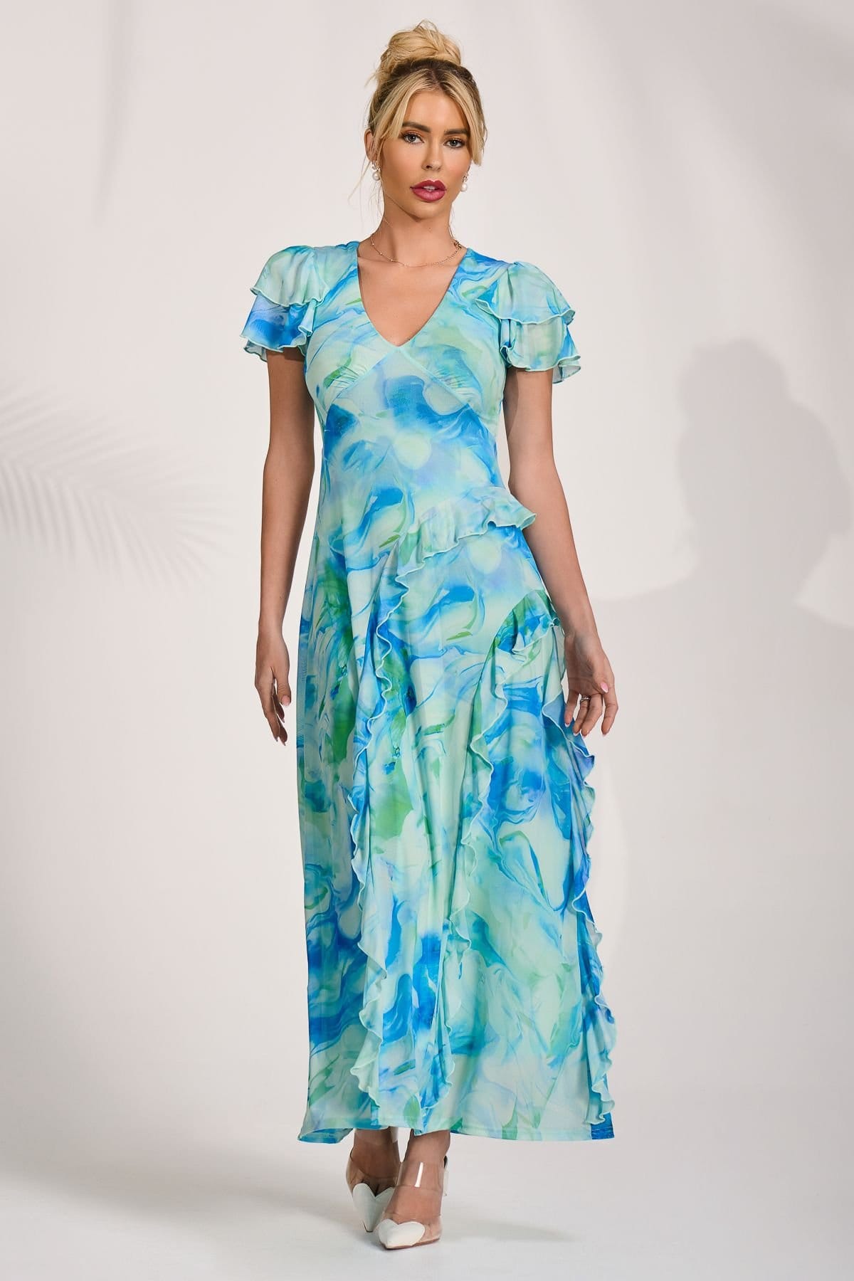 Jolie Moi Jolie Moi Women's Cap Sleeve Ruffle Mesh Maxi Dress in Blue - 4