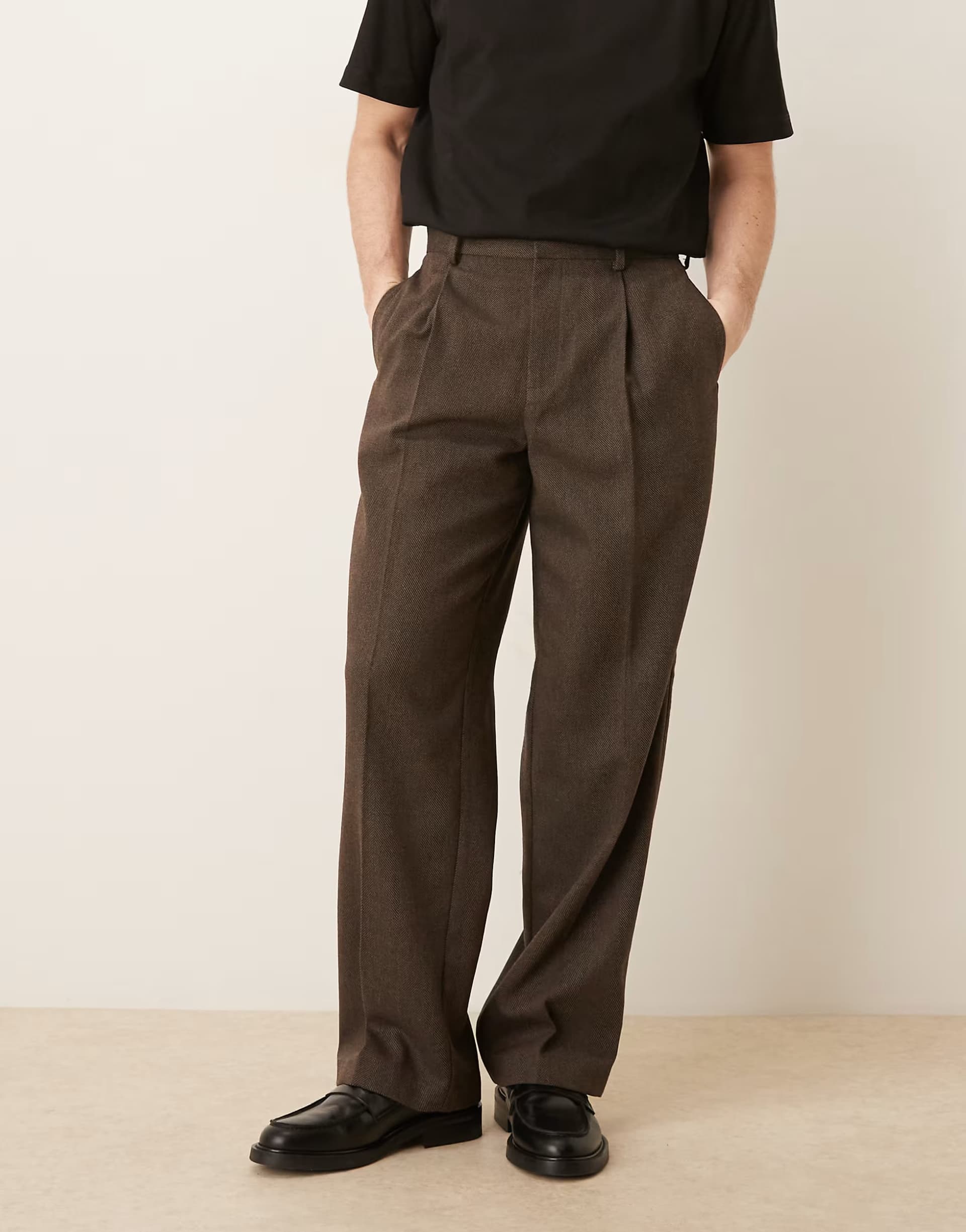 ASOS ASOS DESIGN smart pleated wide leg trousers with wool in brown herringbone