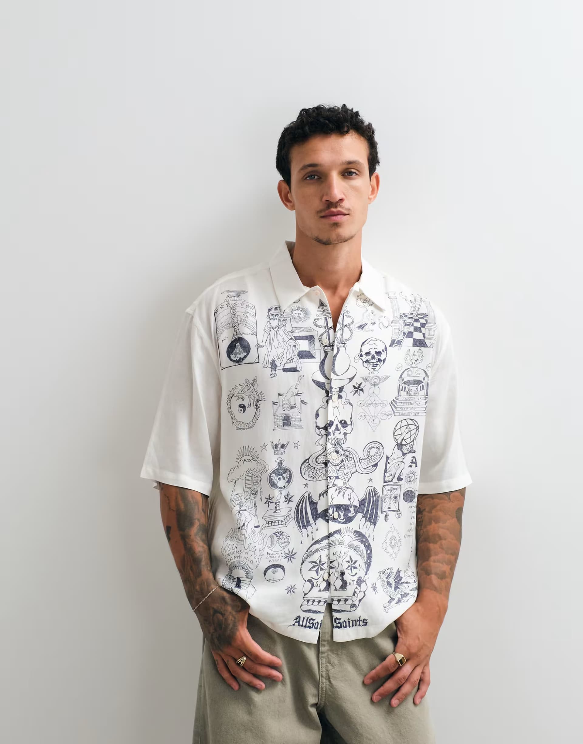 ASOS AllSaints Ignis short sleeve graphic illustrative logo shirt in ecru