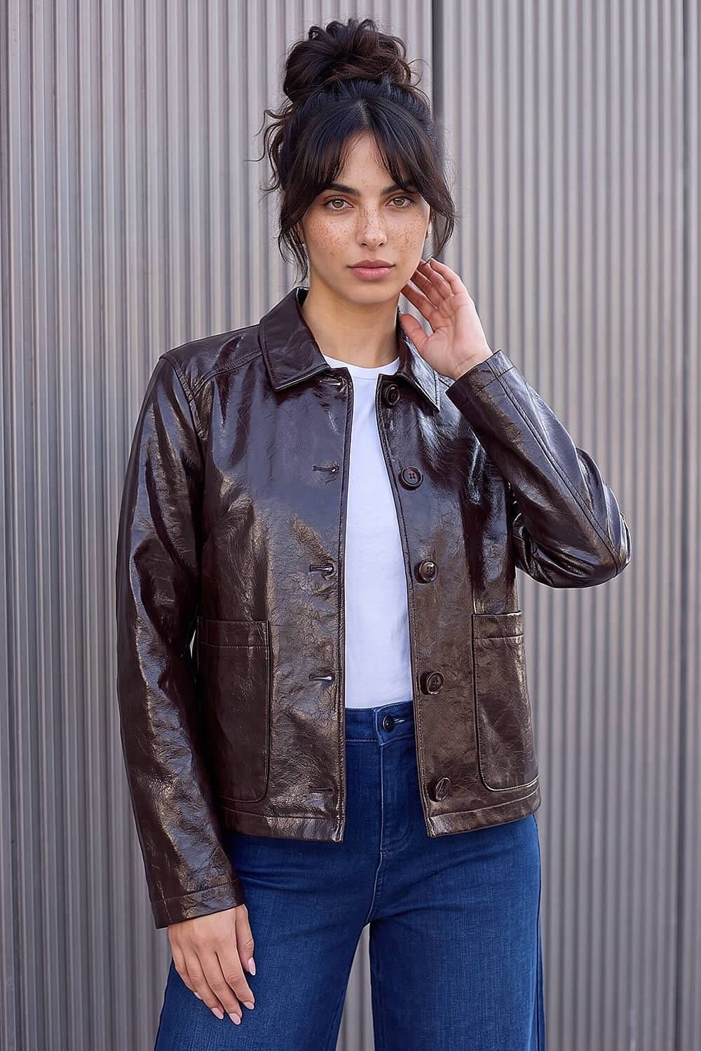 Dusk Dusk Women's Faux Leather Collared Jacket in Chocolate
