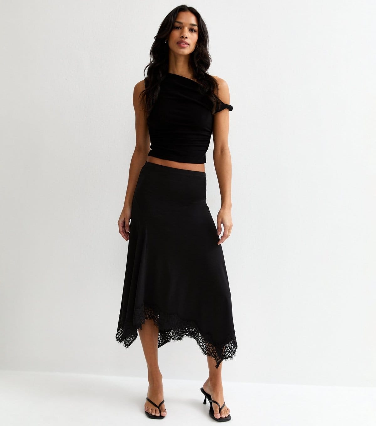New Look Black Lace Trim Hanky Hem Midi Skirt