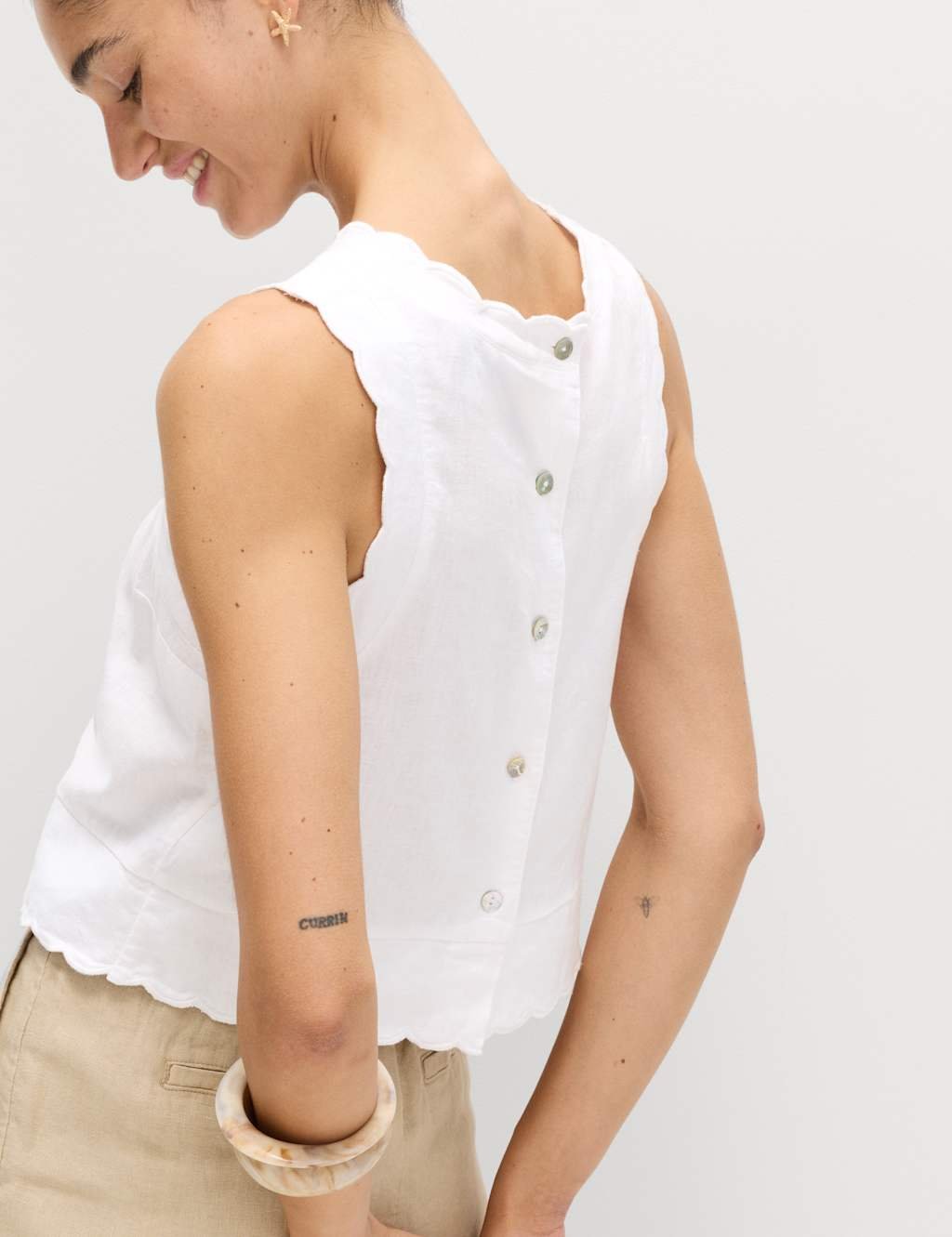 Marks & Spencer M&S Linen Rich Scallop Vest Top White - 3