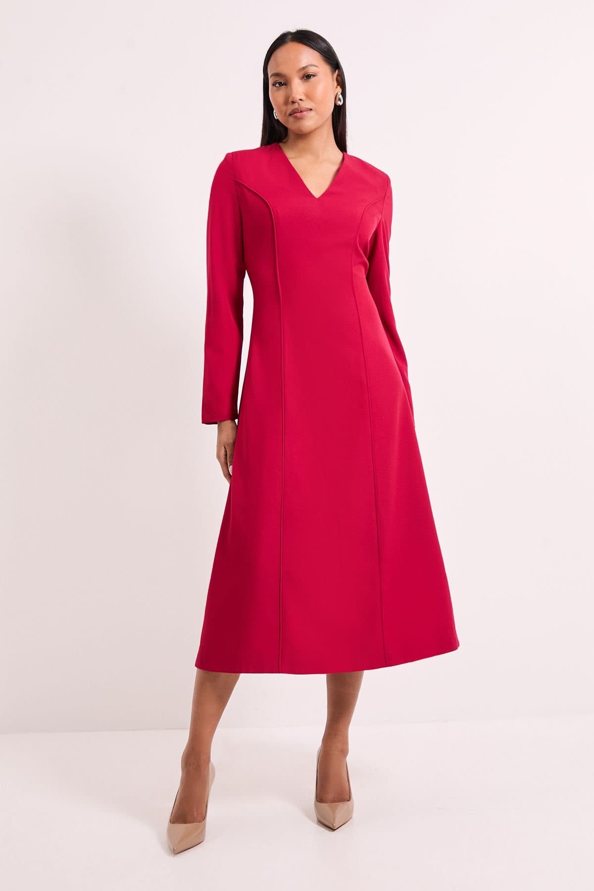 Wallis Wallis Women's Tailored Long Sleeve Fit & Flare Midi Dress in Berry