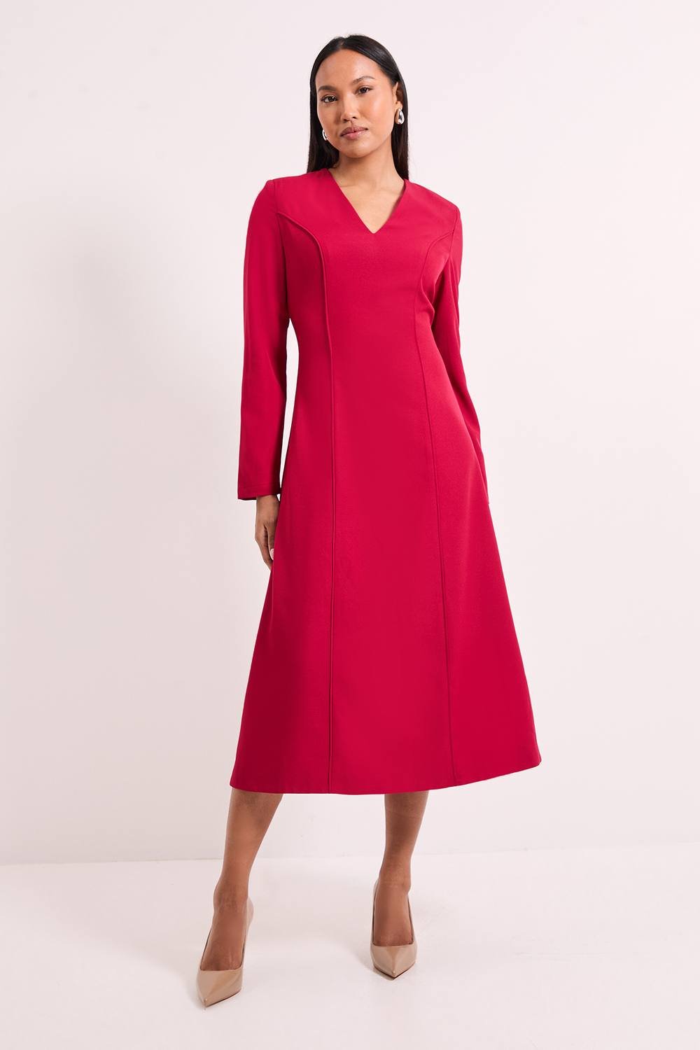 Wallis Wallis Women's Tailored Long Sleeve Fit & Flare Midi Dress in Berry - 2