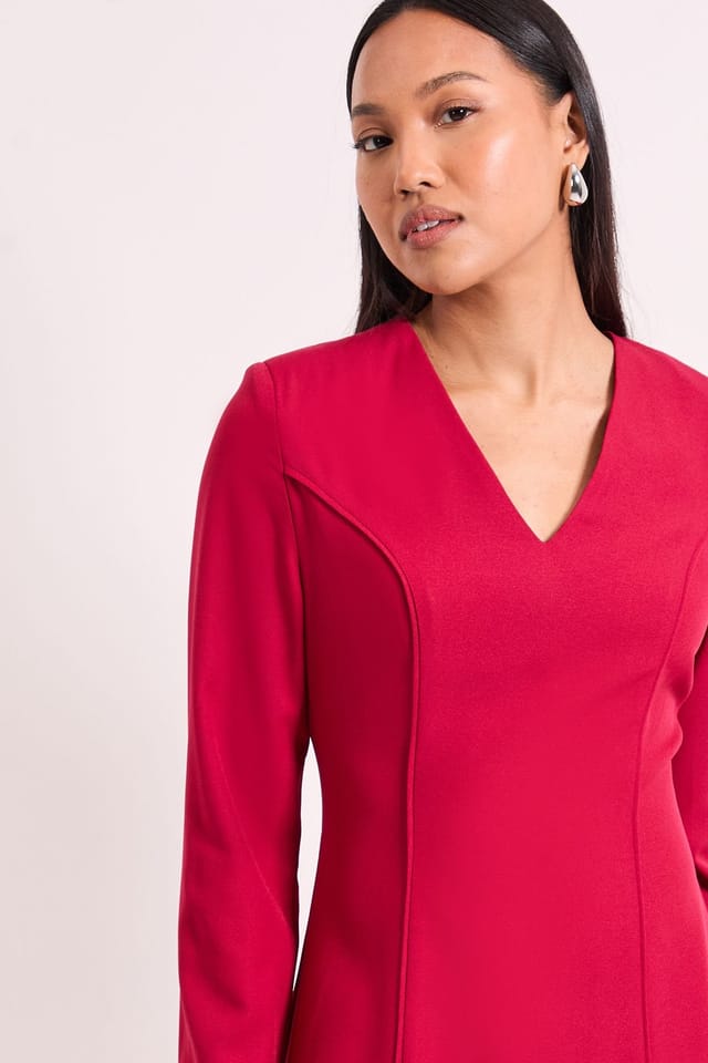 Wallis Wallis Women's Tailored Long Sleeve Fit & Flare Midi Dress in Berry - 2