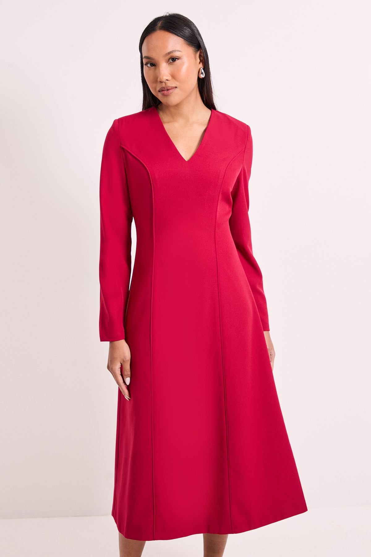 Wallis Wallis Women's Tailored Long Sleeve Fit & Flare Midi Dress in Berry - 4