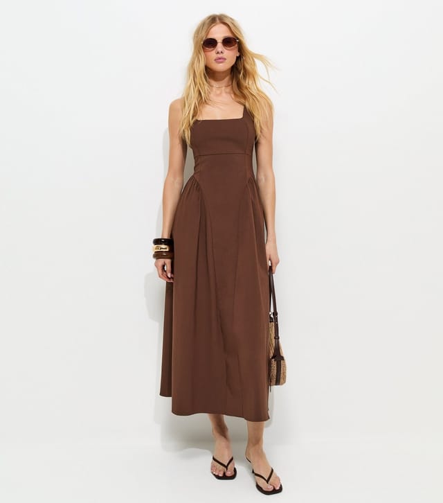 New Look Women's Brown Square Neck Gathered Hips Midi Dress New Look - 2