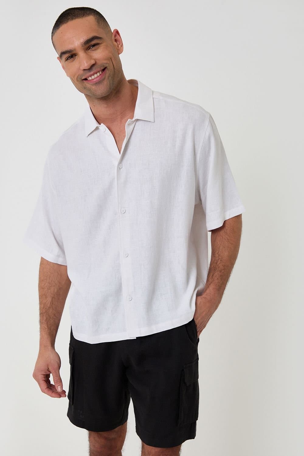 Threadbare Threadbare Men's Boxy Fit Linen Blend Short Sleeve Shirt in White
