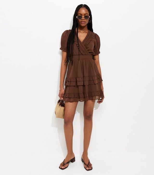 New Look Women's Brown Ruffle Trim V-Neck Short Sleeve Mini Dress New Look - 2
