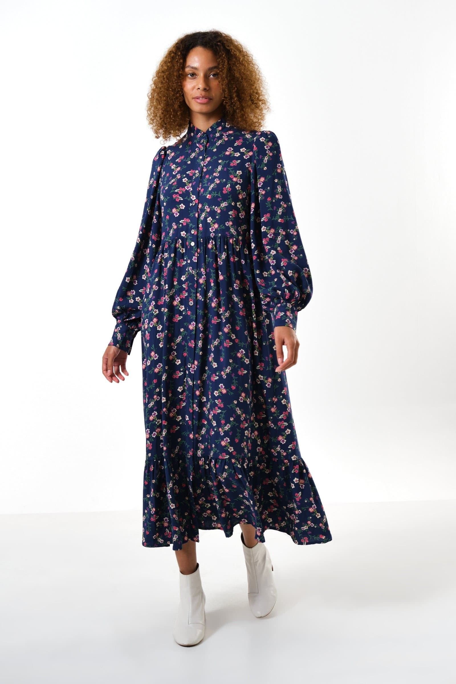 Louche Louche Women's Bricia Naïve Posy Print Tiered Midi Dress - Navy in Blue