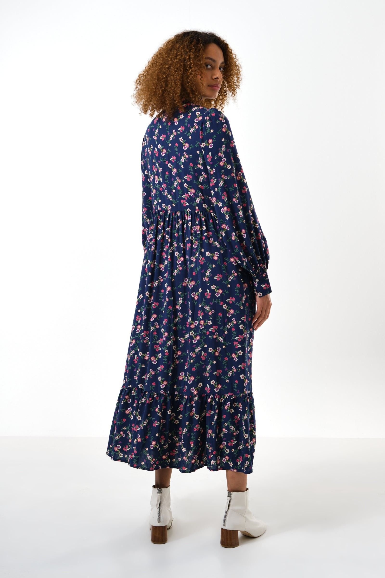 Louche Louche Women's Bricia Naïve Posy Print Tiered Midi Dress - Navy in Blue - 2