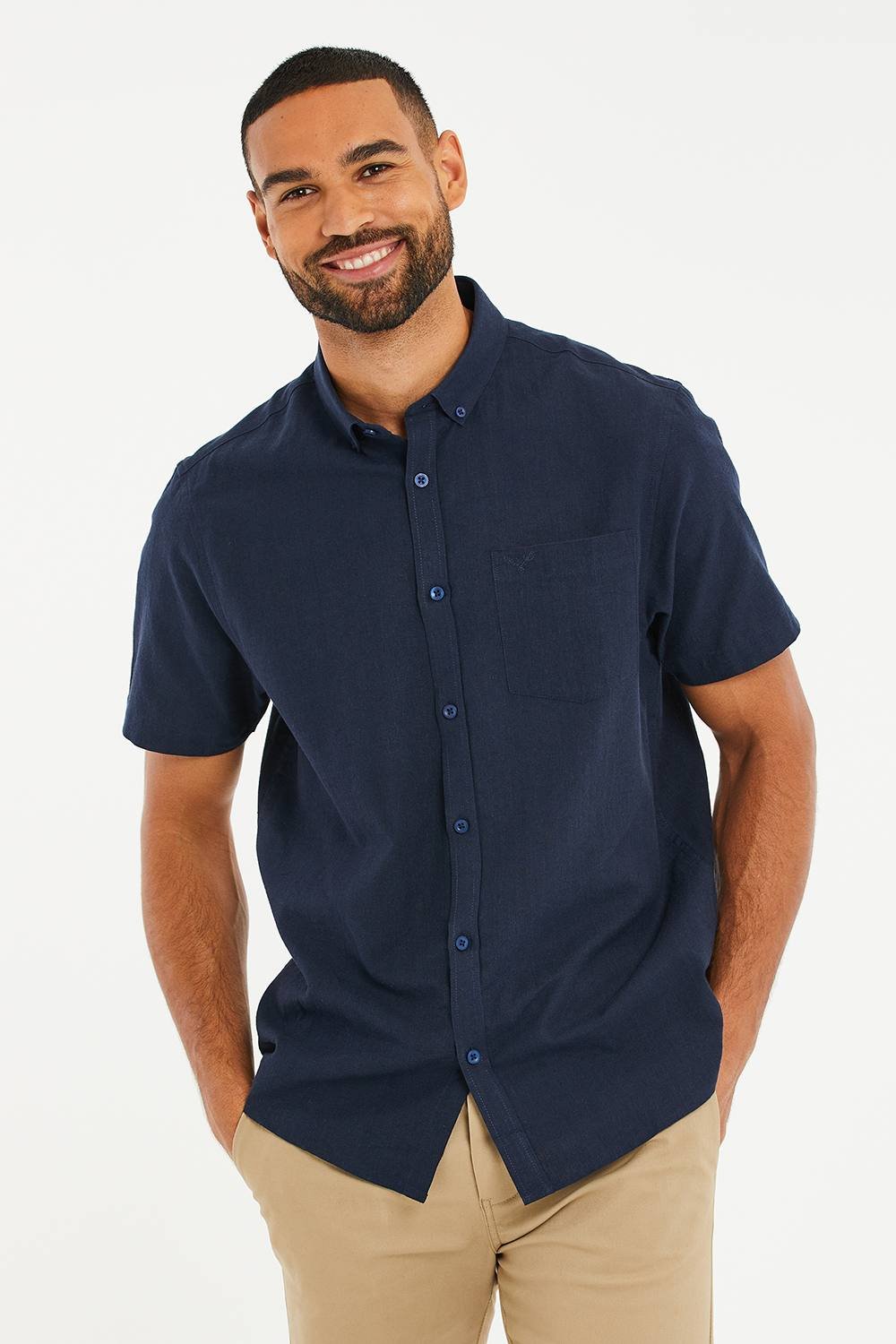 Threadbare Threadbare Men's 'Dragon' Cotton-Linen Blend Short-Sleeve Shirt in Navy - 4