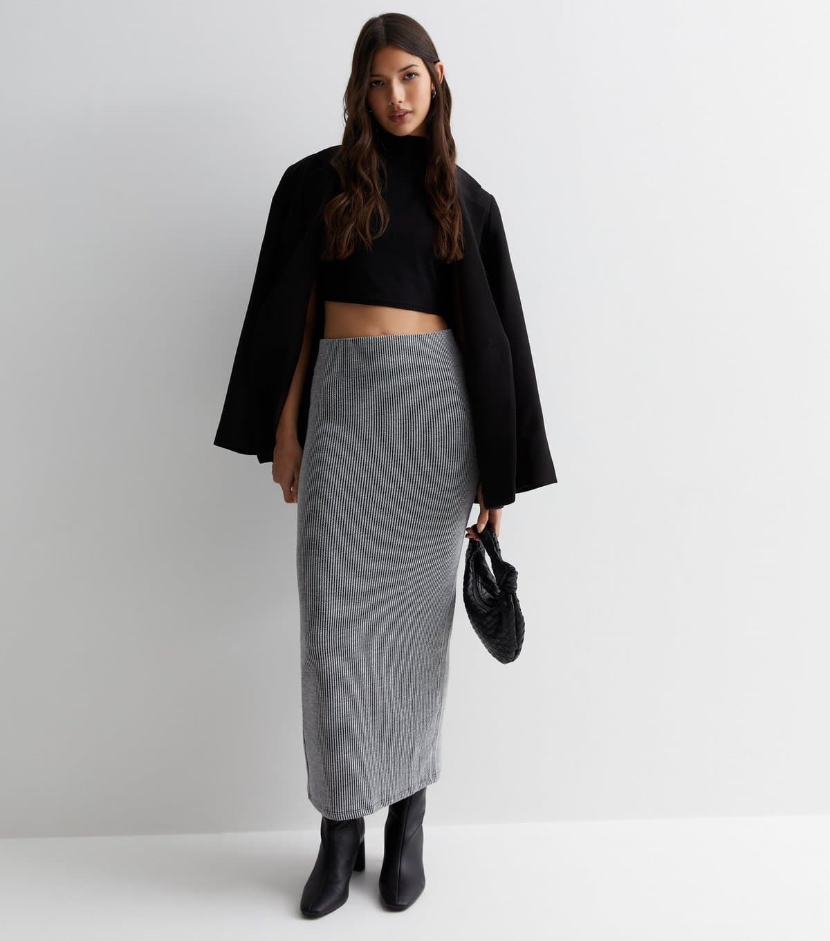 New Look Women's Grey Ribbed Jersey Midi Skirt New Look