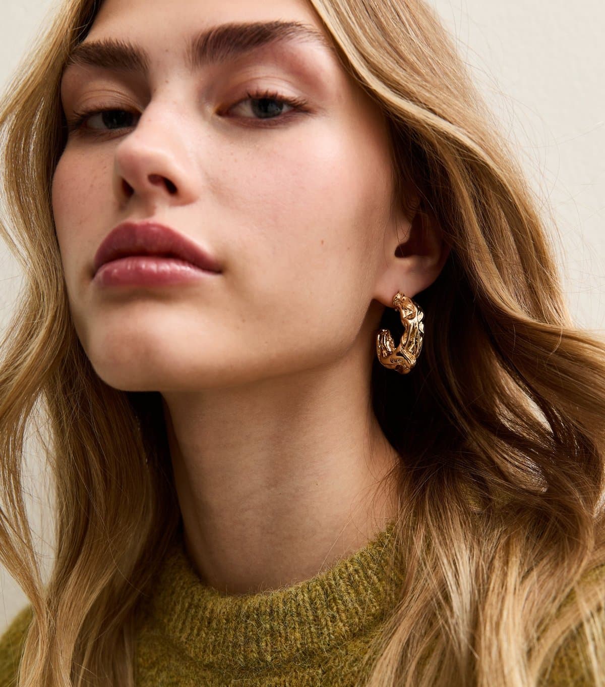 New Look Gold Tone Chunky Beaten Hoop Earrings New Look