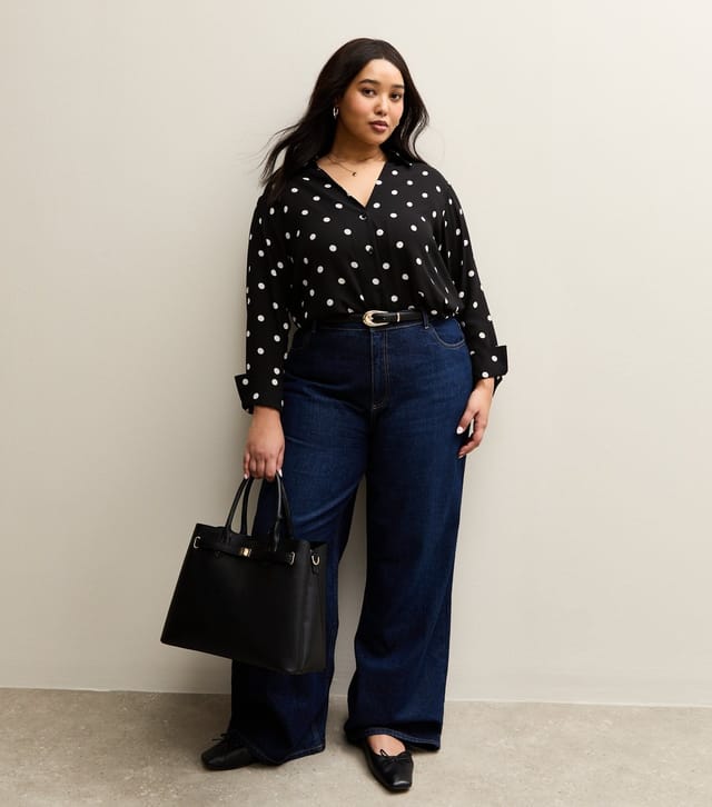 New Look Women's Plus Size Black Polka Dot Open Collar Shirt Curves New Look - 3